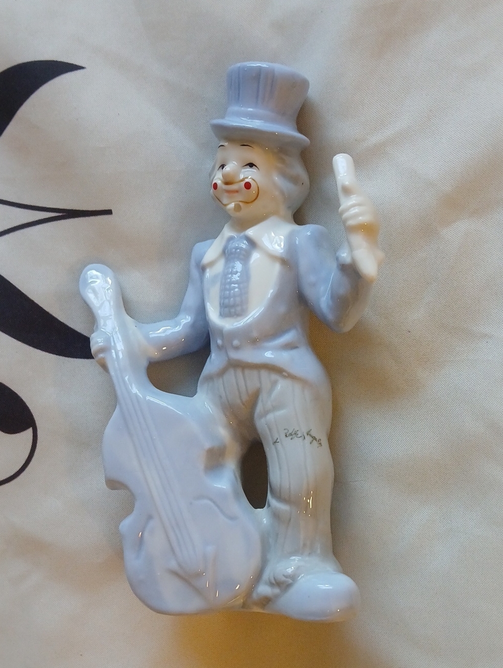 Porcelain Clown Musician Figurine in Pale Blue and White